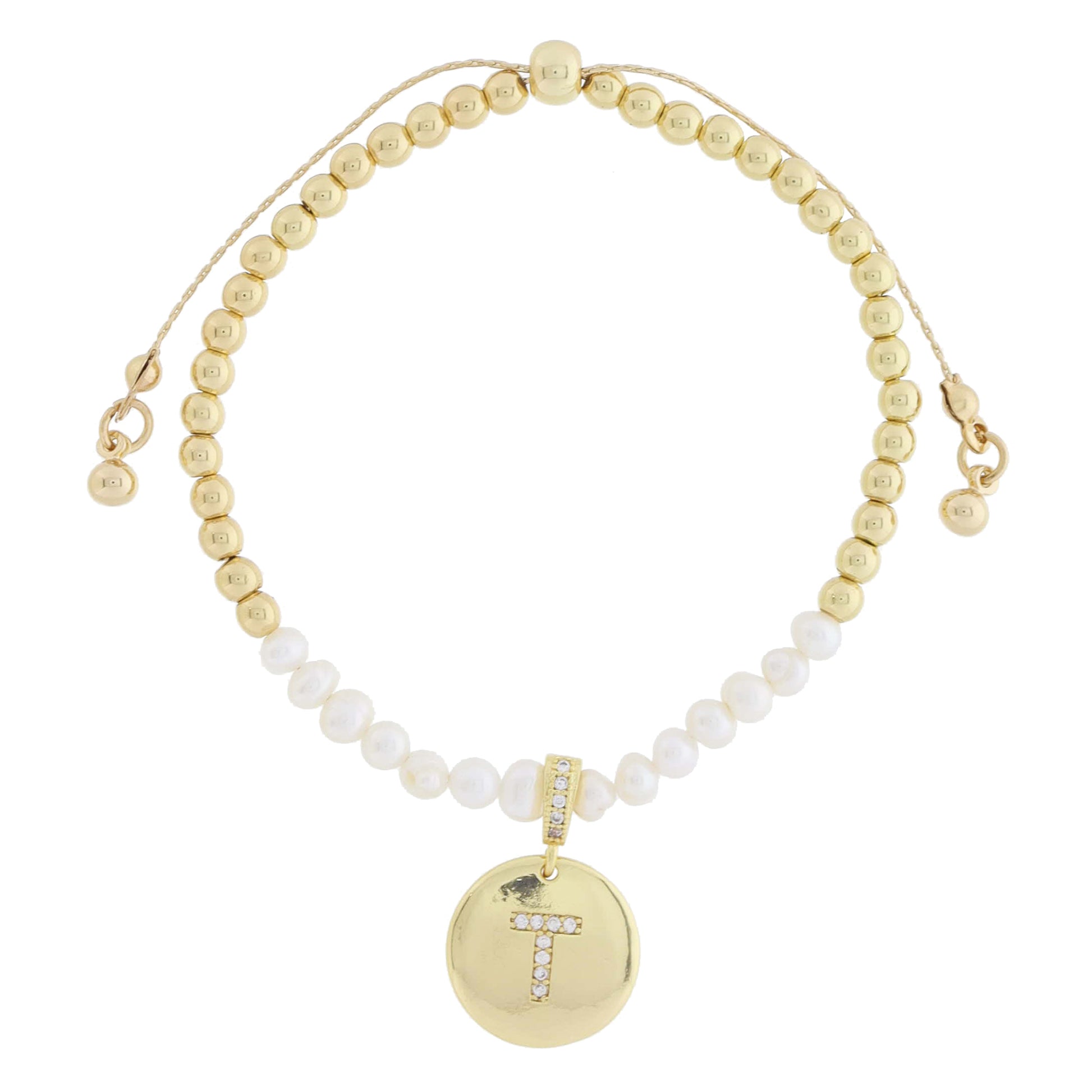 Small Freshwater Pearls and Pave Crystal Loop with Pave Crystal "T" Initial Gold Disc Adj. Bracelet