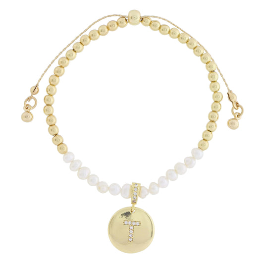 Small Freshwater Pearls and Pave Crystal Loop with Pave Crystal "T" Initial Gold Disc Adj. Bracelet