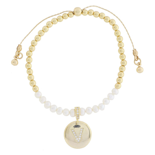 Small Freshwater Pearls and Pave Crystal Loop with Pave Crystal "V" Initial Gold Disc Adj. Bracelet