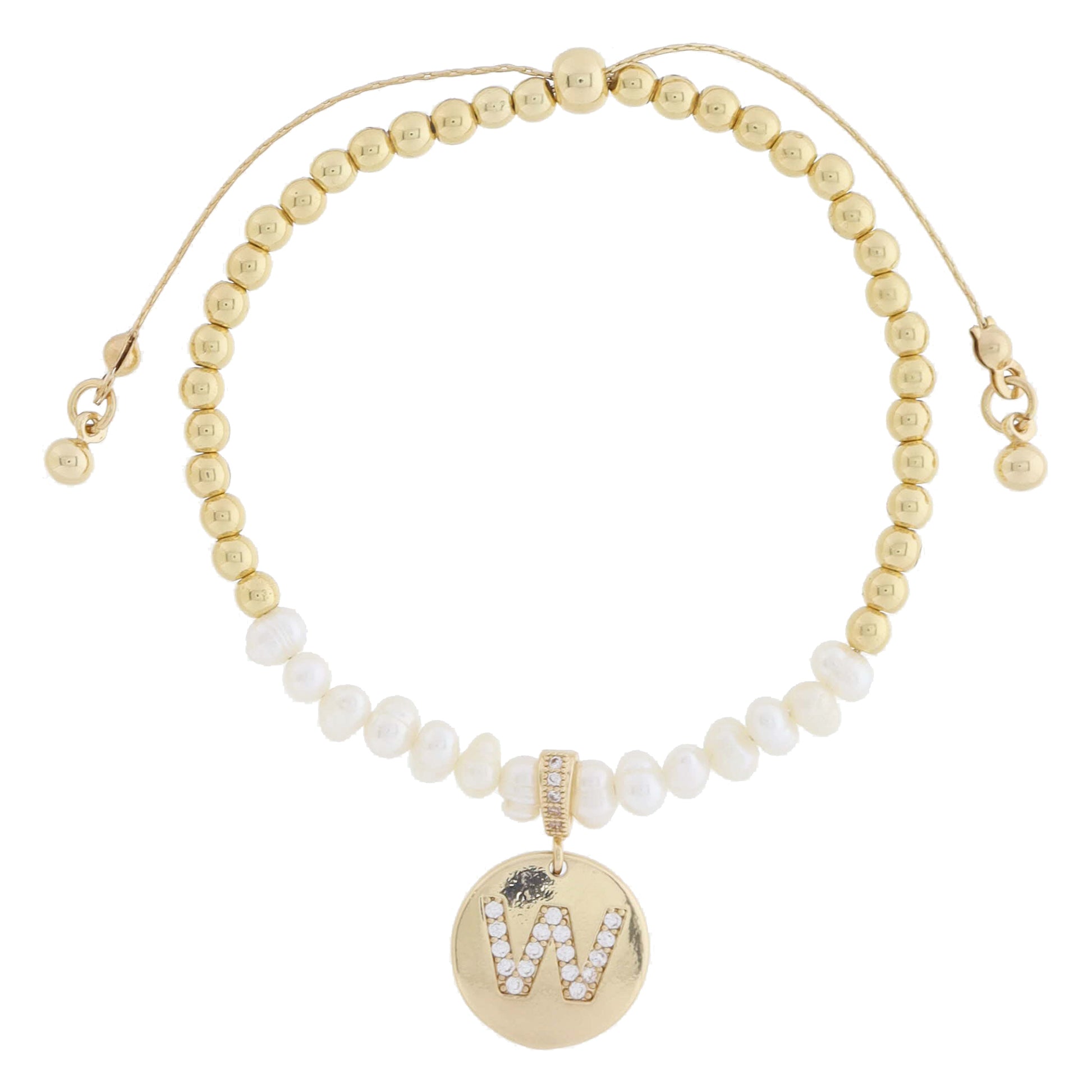 Small Freshwater Pearls and Pave Crystal Loop with Pave Crystal "W" Initial Gold Disc Adj. Bracelet