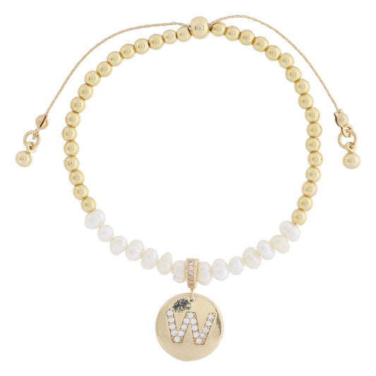 Small Freshwater Pearls and Pave Crystal Loop with Pave Crystal "W" Initial Gold Disc Adj. Bracelet
