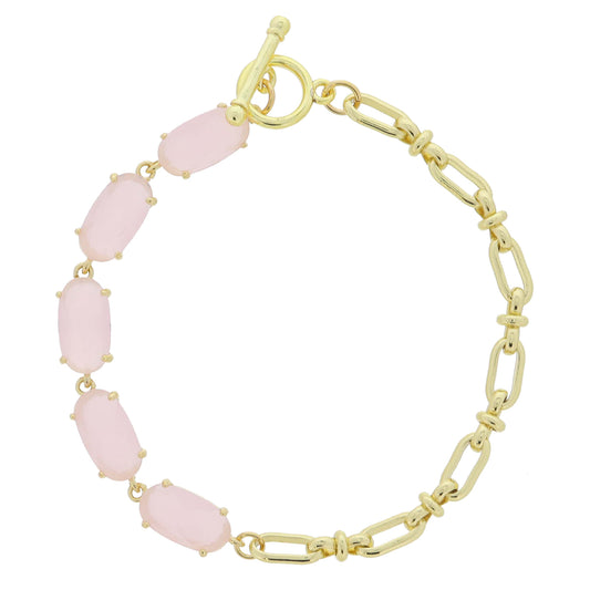Kensington 18K Gold Plated Half Pink Oval Crystals, Half Gold Link Chain Bracelet