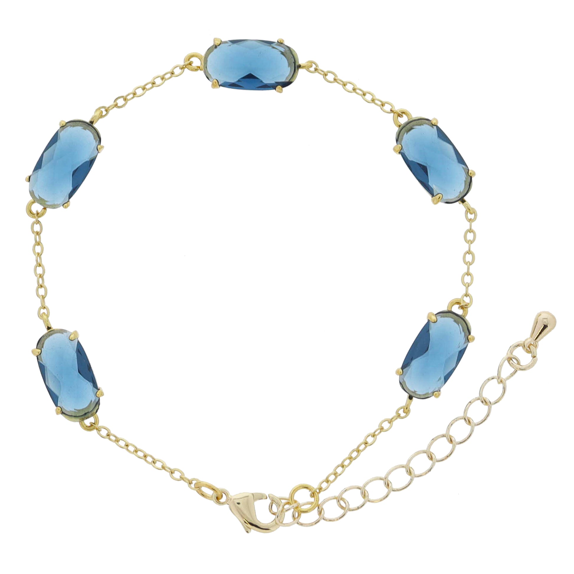 Kensington 18K Gold Plated Blue Oval Crystals on Gold Chain Bracelet