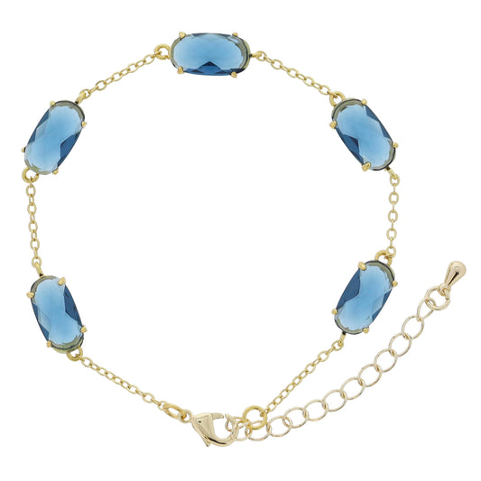 Kensington 18K Gold Plated Blue Oval Crystals on Gold Chain Bracelet