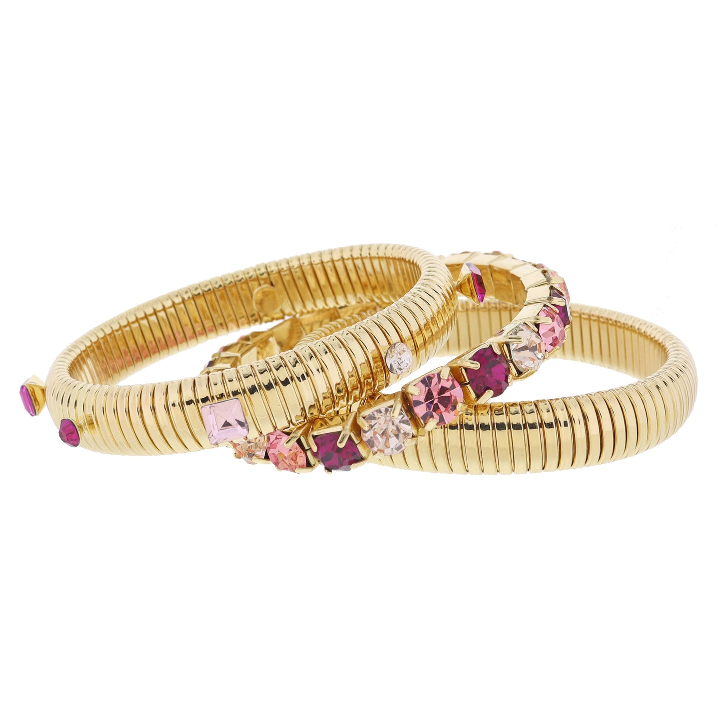 Set of 3, Chunky Gold Flex Bangles with Multi Pink Crystal Band and Accents Bracelet, 8" Around