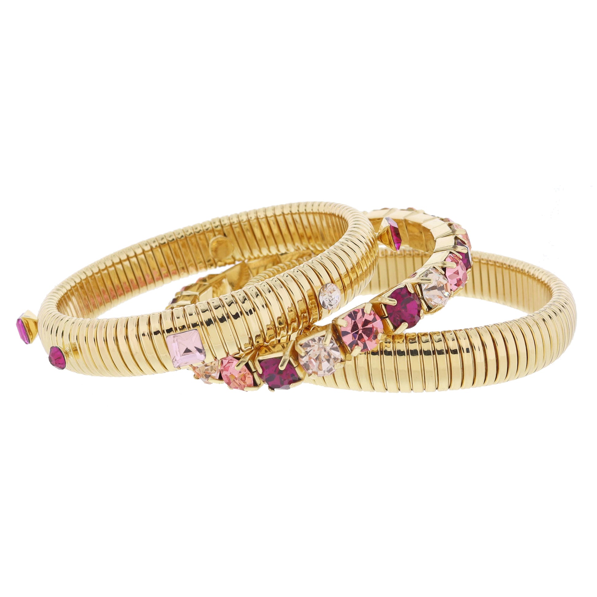 Set of 3, Chunky Gold Flex Bangles with Multi Pink Crystal Band and Accents Bracelet, 8" Around