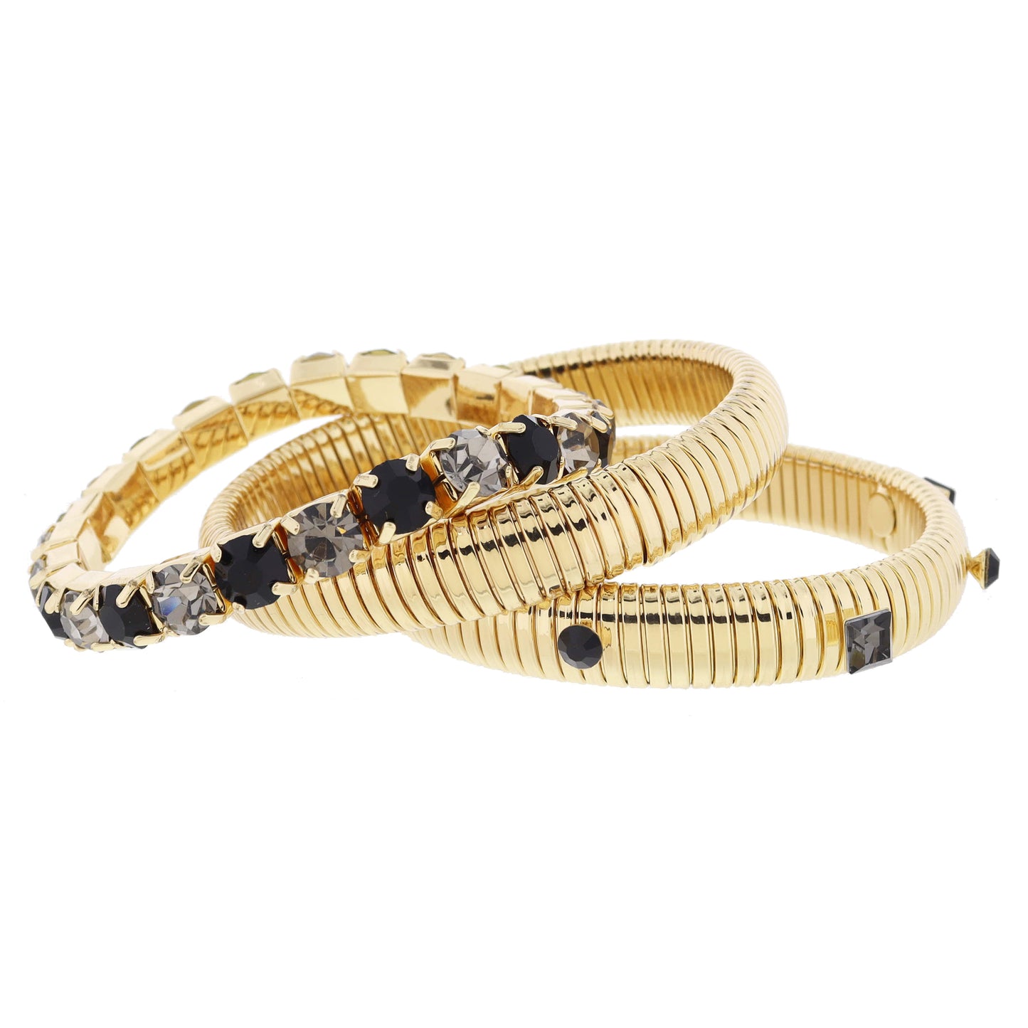 Set of 3, Chunky Gold Flex Bangles, Black Diamond & Jet Crystal Band & Accents Bracelet, 8" Around