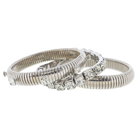 Set of 3, Chunky Silver Flex Bangles with Clear Crystal Band and Accents Bracelet, 8" Around
