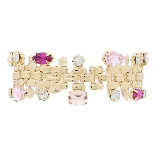 Gold Watch Band Chain with Multi Pink Shaped & Clear Crystals Along Outer Edges Bracelet, 7" Around