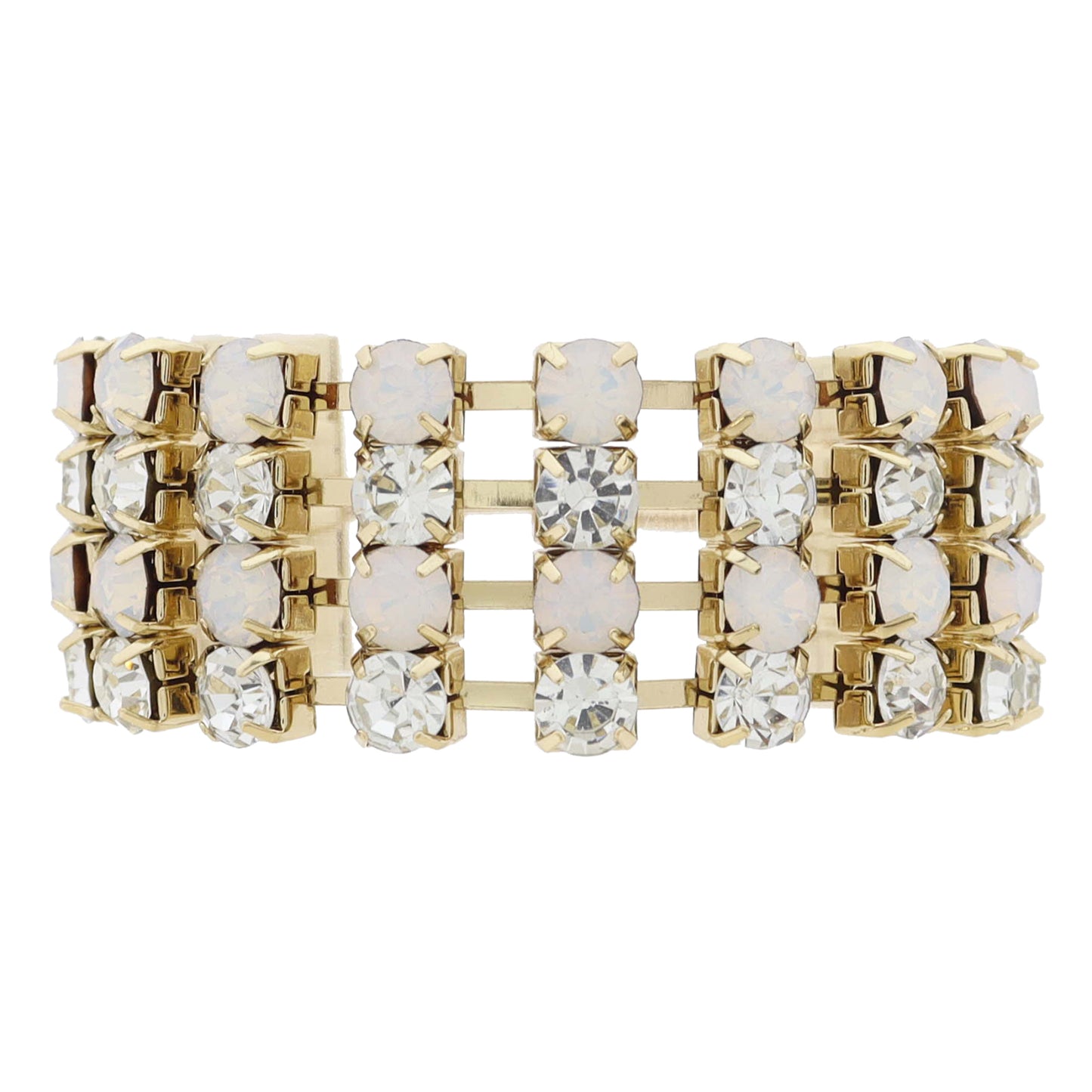 Wide Moonstone and Clear Crystal Lined Band Bracelet, Adj.