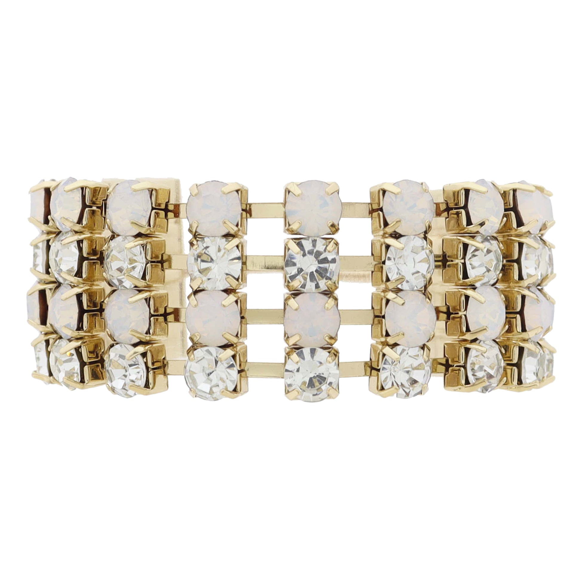 Wide Moonstone and Clear Crystal Lined Band Bracelet, Adj.