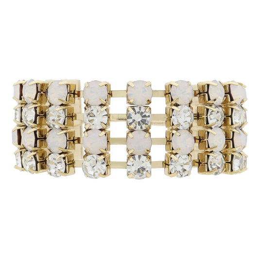Wide Moonstone and Clear Crystal Lined Band Bracelet, Adj.
