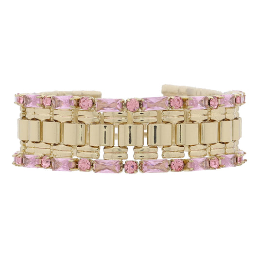 Gold Watch Band with Light Pink Baguette and Mini Circle Crystal Edge Bracelet, 7.5" Around
