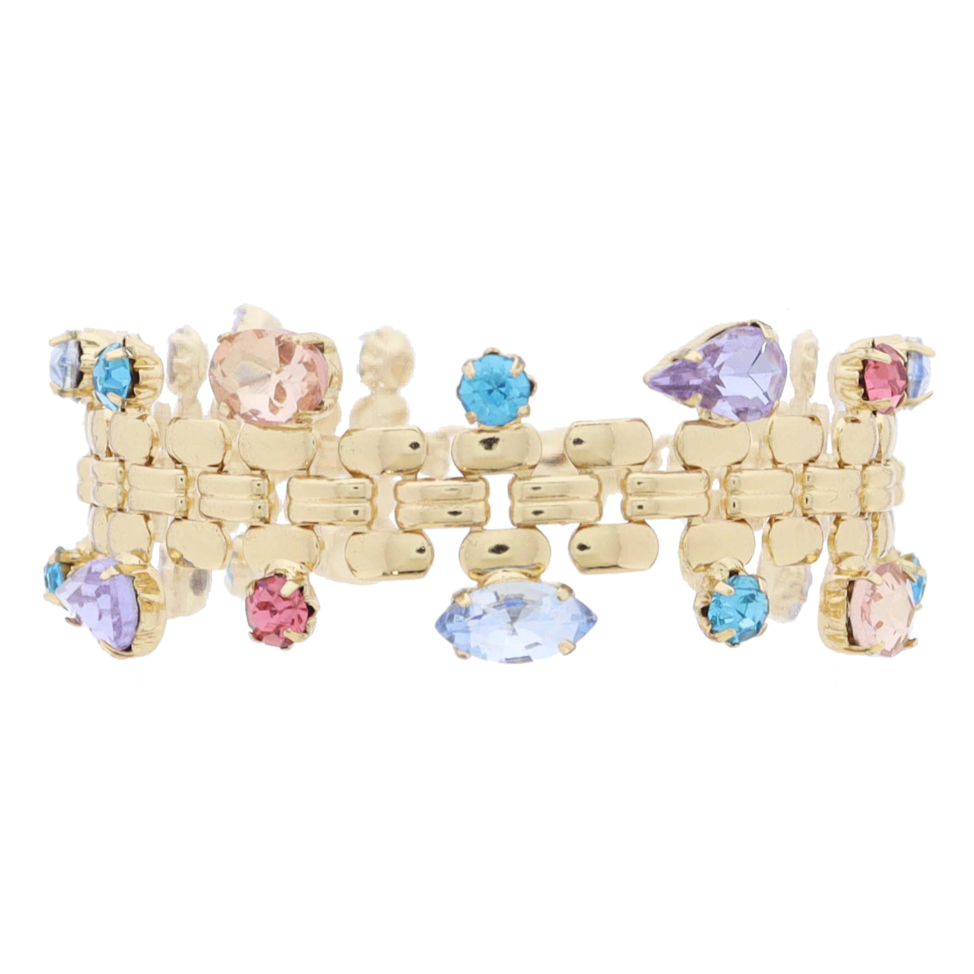 Gold Watch Band Chain with Multi Blue & Pink Shaped Crystals Along Outer Edges Bracelet, 7" Around