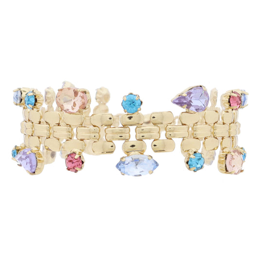 Gold Watch Band Chain with Multi Blue & Pink Shaped Crystals Along Outer Edges Bracelet, 7" Around