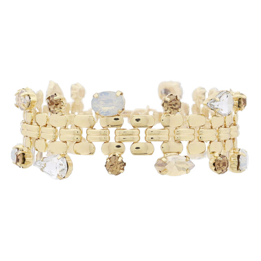 Gold Watch Band Chain with Moonstone, Topaz, Shaped Crystals Along Outer Edges Bracelet, 7" Around