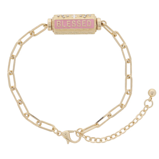6-Sided Cylinder Bar, Cross with Crystals, Pink with Gold "BLESSED", Gold Bracelet, 7.5" Around