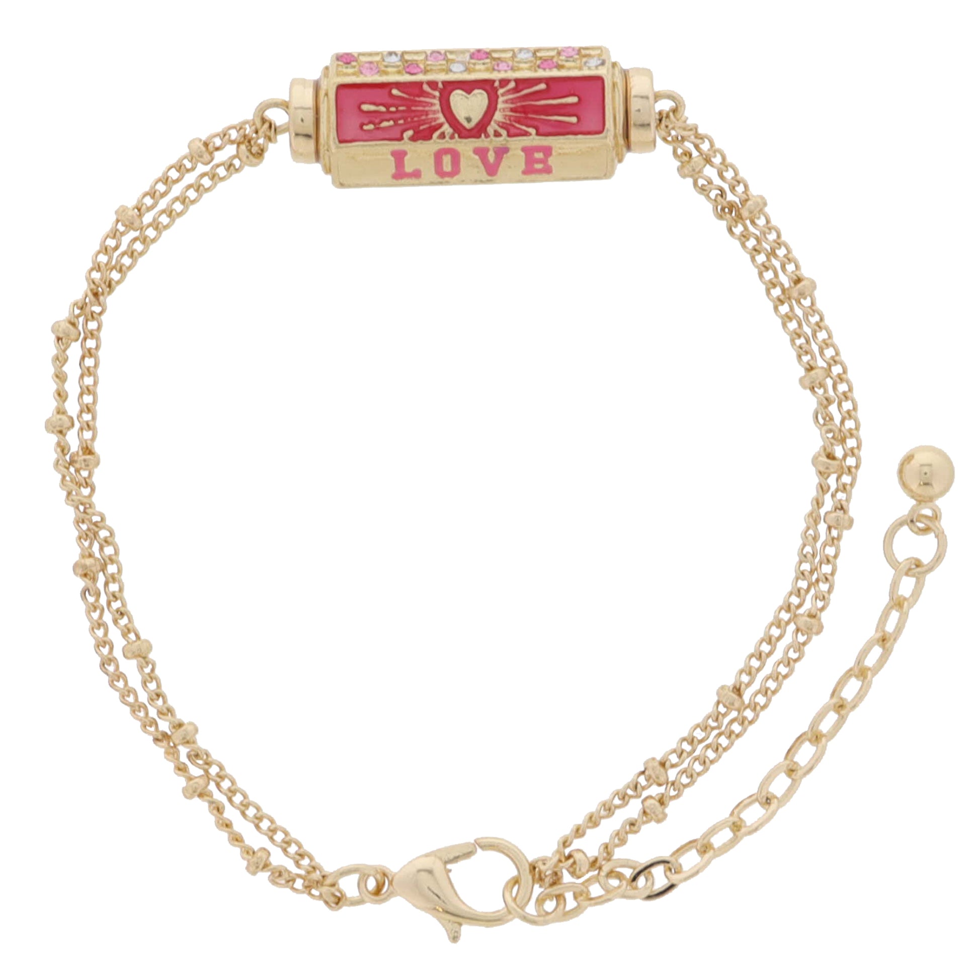 6-Sided Cylinder Bar, Pink with Heart Burst, "LOVE", Pink Crystal Checkered Bracelet, 7.5" Around