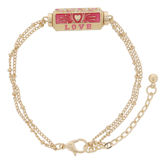 6-Sided Cylinder Bar, Pink with Heart Burst, "LOVE", Pink Crystal Checkered Bracelet, 7.5" Around