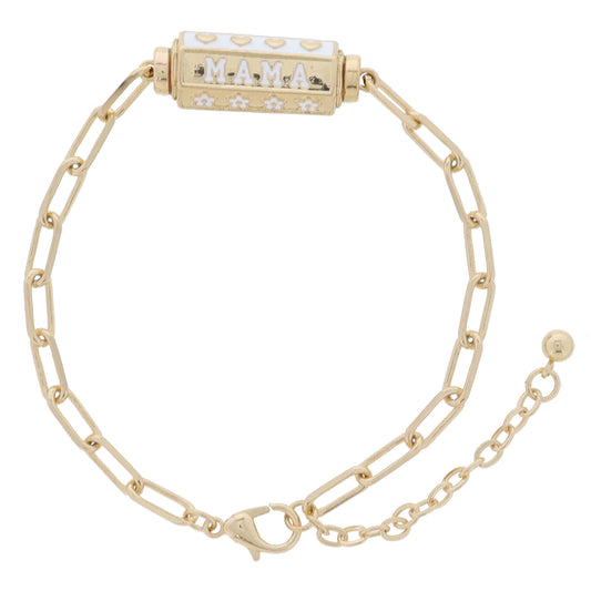 6-Sided Cylinder Bar, White with Hearts, Gold & White "MAMA", White Flowers Bracelet, 7.5" Around