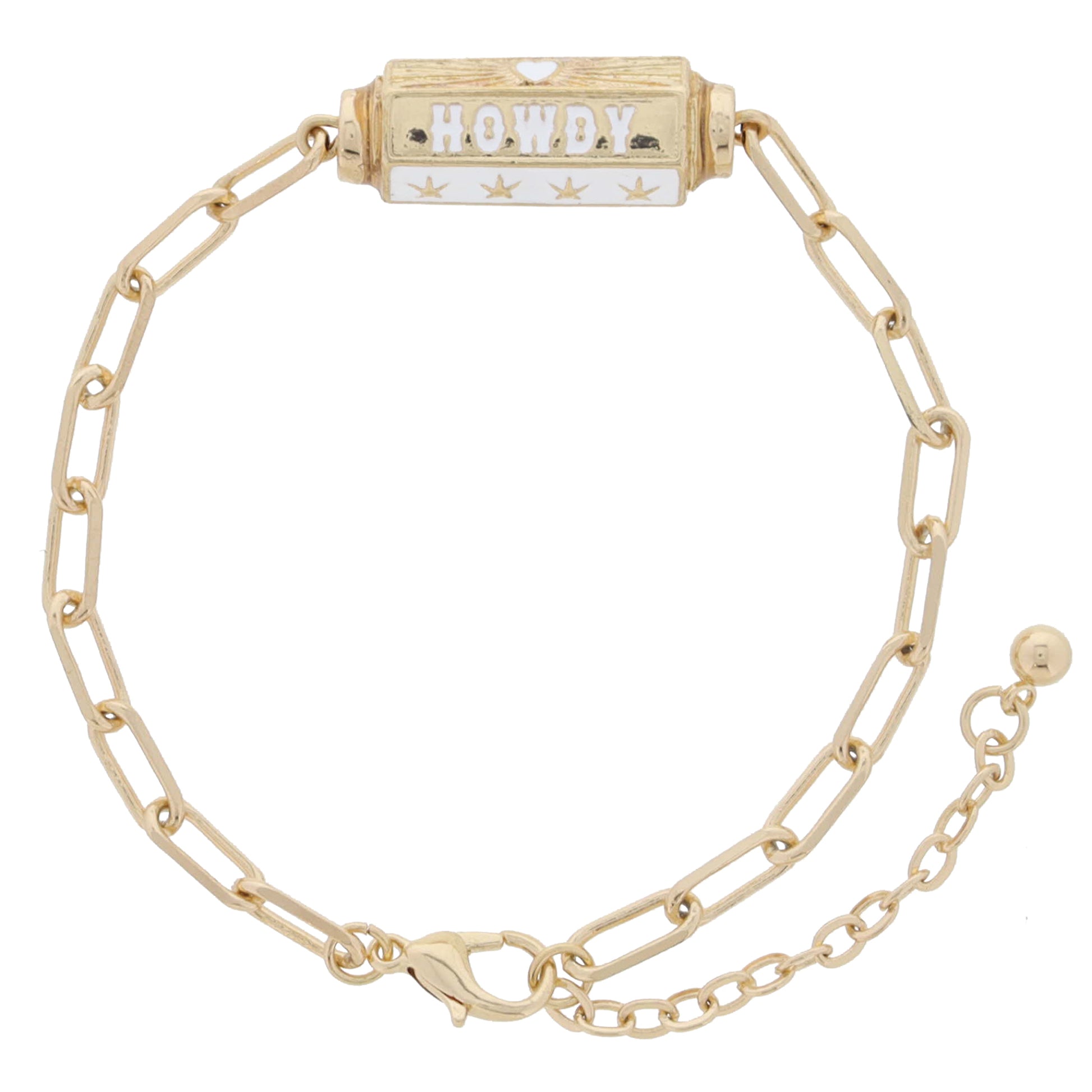 6-Sided Cylinder Bar, White & Gold Heart Burst, "HOWDY", White with Gold Star Bracelet, 7.5" Around