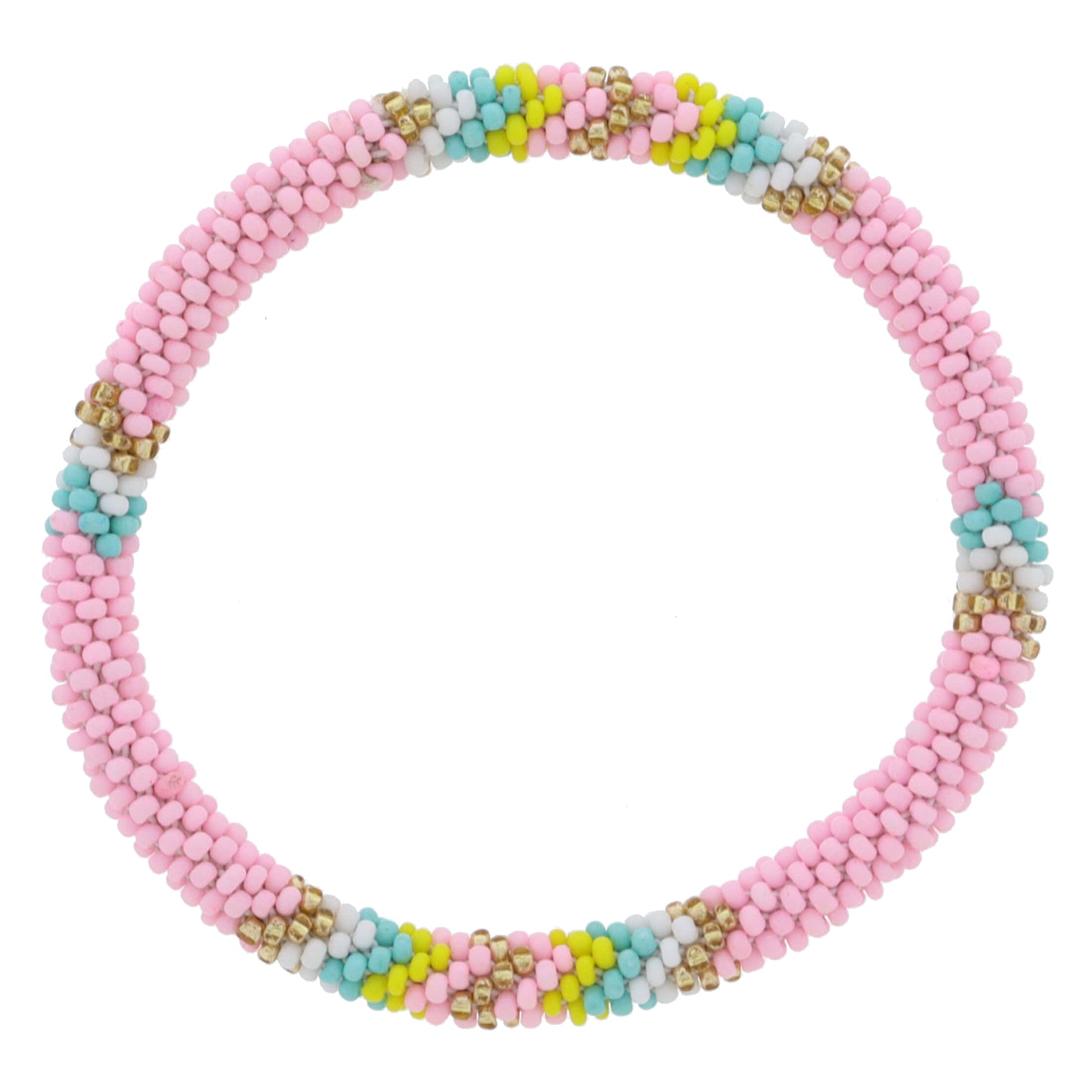 Light Pink with Gold, White, Turquoise, Bright Yellow Seed Beaded Bracelet, 7.5" Around