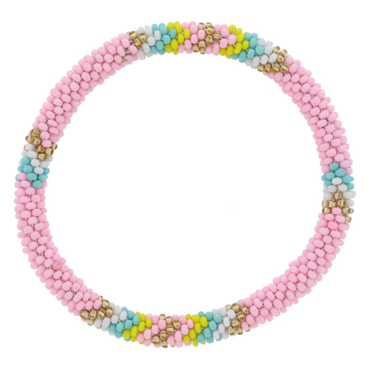 Light Pink with Gold, White, Turquoise, Bright Yellow Seed Beaded Bracelet, 7.5" Around