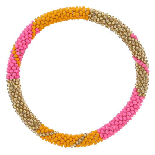 Pink, Orange, Gold Seed Beaded Bracelet, 7.5" Around