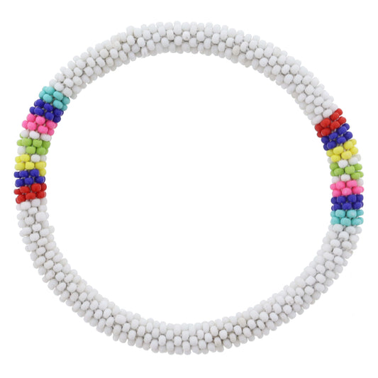White with Multi Stripes Seed Beaded Bracelet, 7.5" Around