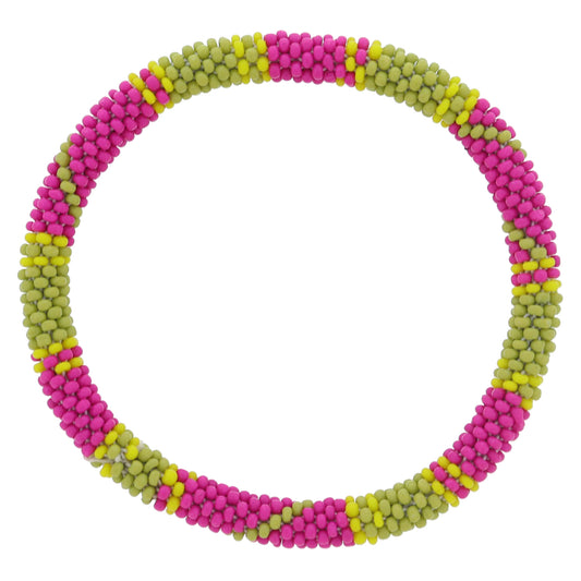 Fuchsiia and Lime with Bright Yellow Seed Beaded Bracelet, 7.5" Around