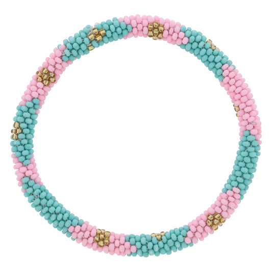 Turquoise and Light Pink with Gold Seed Beaded Bracelet, 7.5" Around