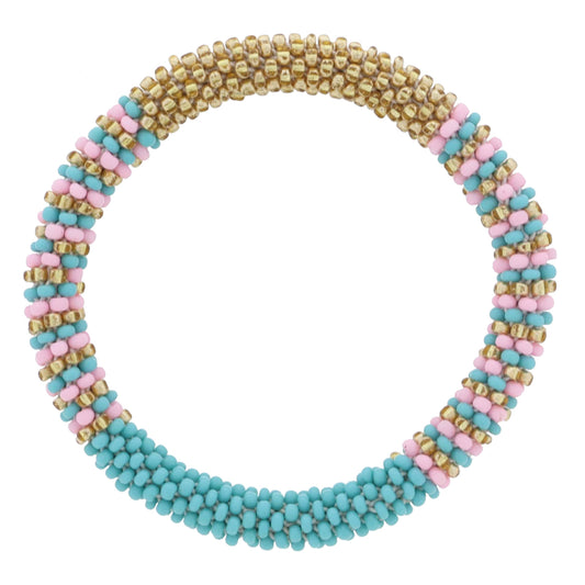 Kids Gold, Turquoise, Light Pink Seed Beaded Bracelet, 6.5" Around