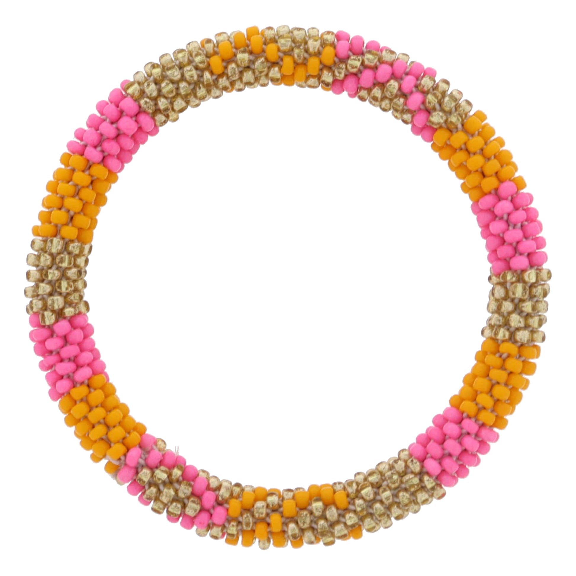 Kids Pink, Orange, Gold Seed Beaded Bracelet, 6.5" Around
