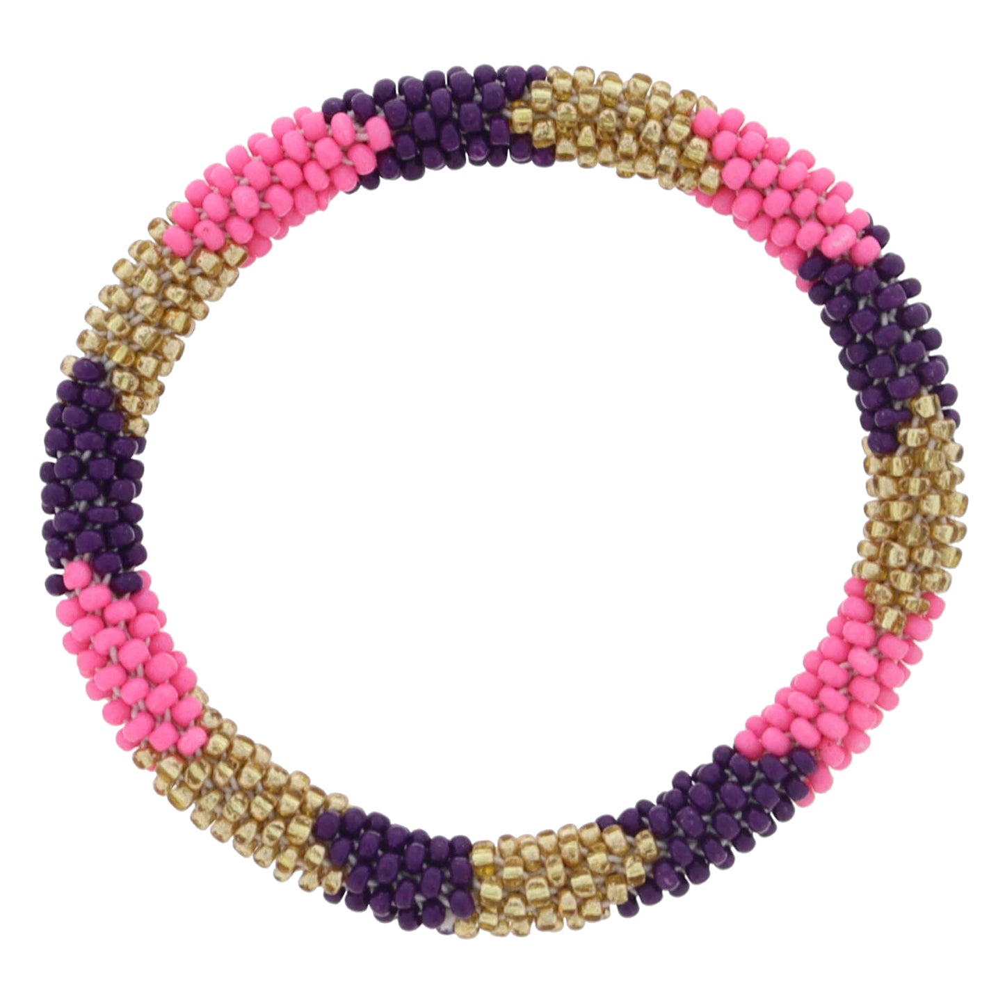 Kids Dark Purple, Pink, Gold Seed Beaded Bracelet, 6.5" Around
