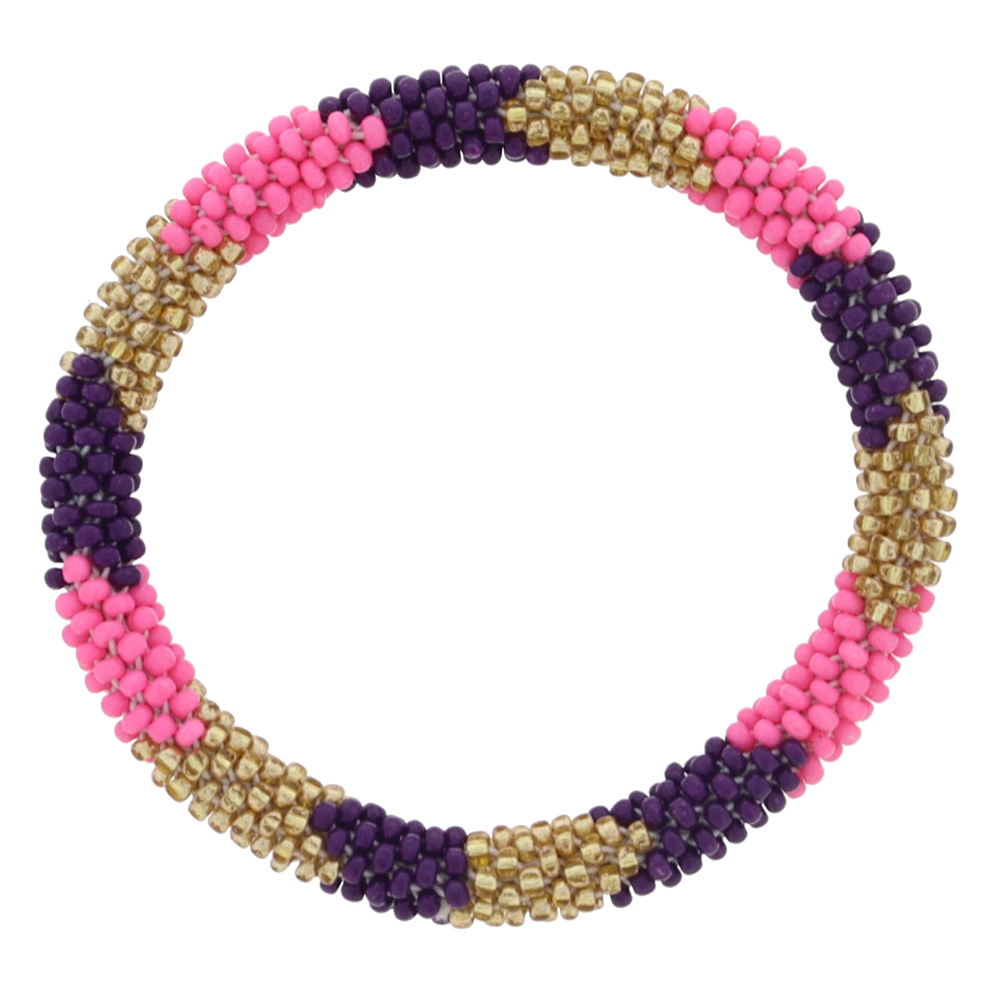 Kids Dark Purple, Pink, Gold Seed Beaded Bracelet, 6.5" Around