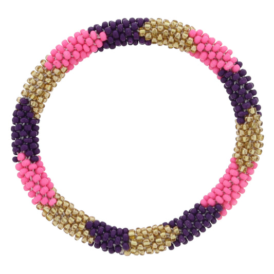 Kids Dark Purple, Pink, Gold Seed Beaded Bracelet, 6.5" Around