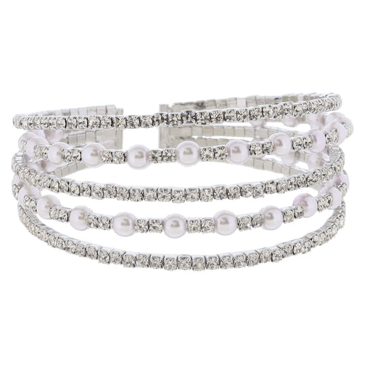Multi Stacked Mini Pave Crystal with Pearl Accents Silver Cuff Adjustable Bracelet