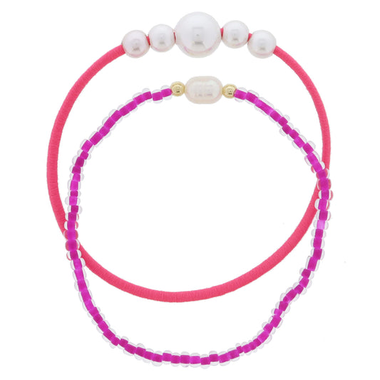 Set of 2, Pink Elastic Band with Pearls, Fuchsia Beaded, Pearl & Gold Beads Bracelet, 7.5" Around
