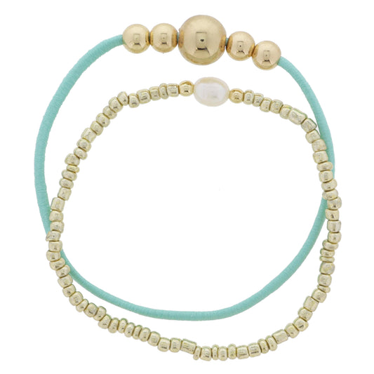 Set of 2, Mint Elastic Band with Gold Ball Beads, Gold Beaded with Pearl Bead Bracelet, 7.5" Around