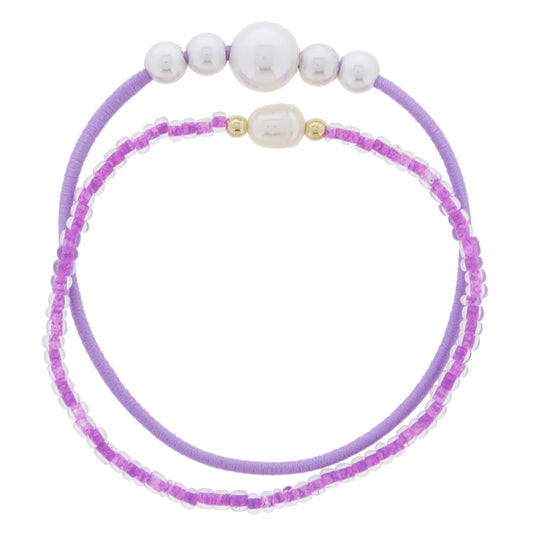 Set of 2, Lavender Elastic Band & Pearls, Lavender Beaded, Pearl & Gold Beads Bracelet, 7.5" Around