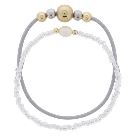 Set of 2, Grey Band, Gold & Silver Beads, Silver Beads, Pearl & Gold Beads Bracelet, 7.5" Around
