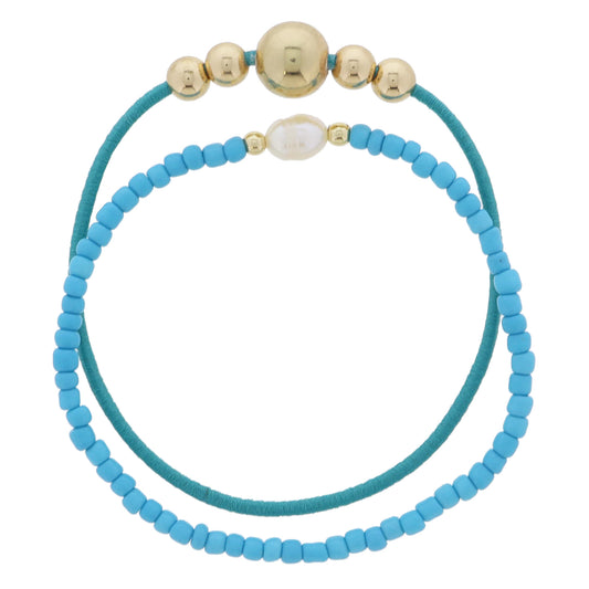 Set of 2, Teal Elastic with Gold Beads, Turquosie Beads, Pearl & Gold Beads Bracelet, 7.5" Around