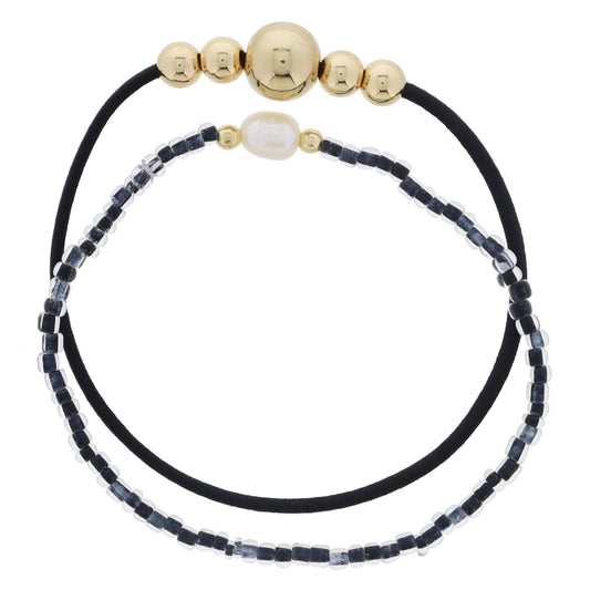 Set of 2, Black Elastic with Gold Beads, Black Beaded with Pearl & Gold Beads Bracelet, 7.5" Around