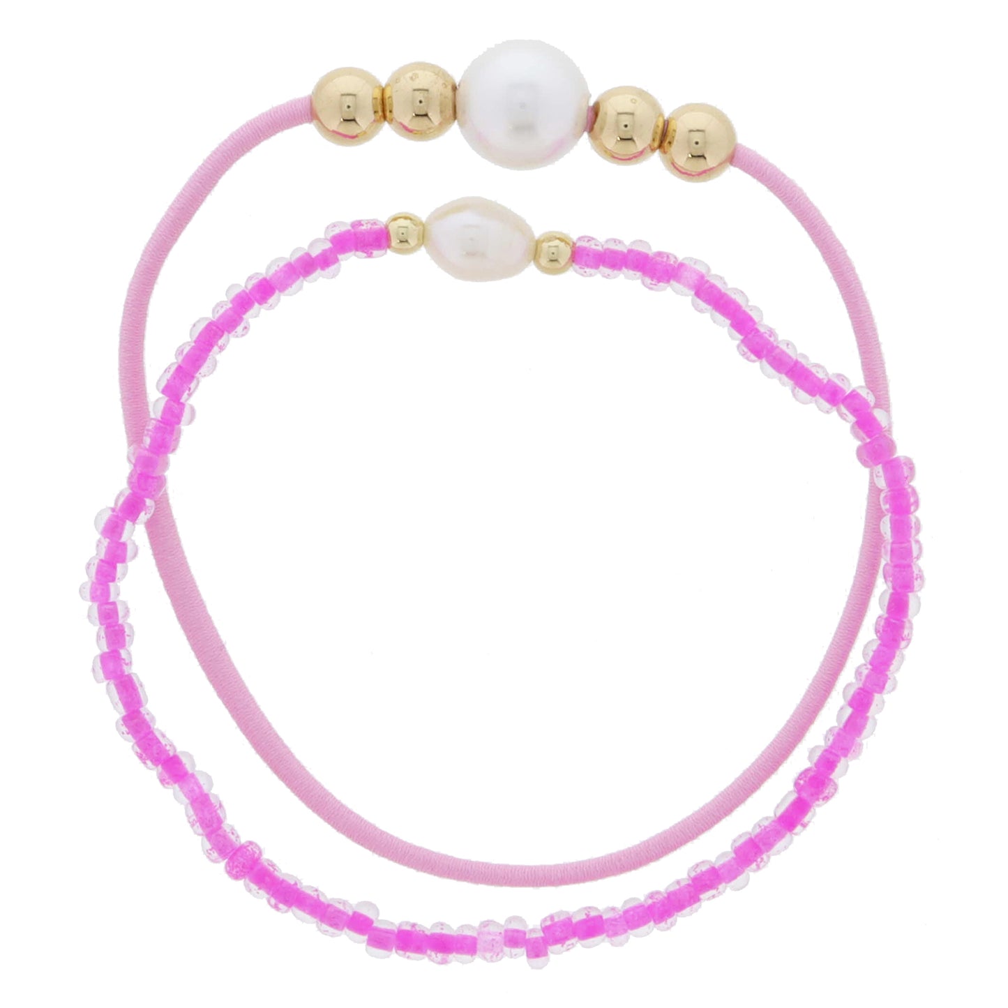 Set of 2, Pink Elastic & Pearl & Gold Beads, Pink Beaded & Pearl & Gold Beads Bracelet, 7.5" Around