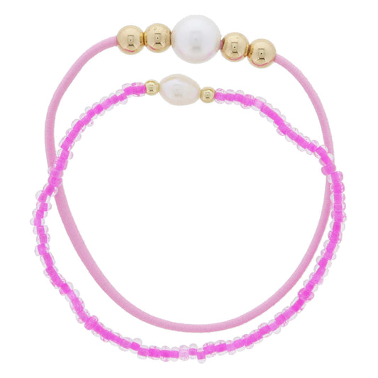 Set of 2, Pink Elastic & Pearl & Gold Beads, Pink Beaded & Pearl & Gold Beads Bracelet, 7.5" Around