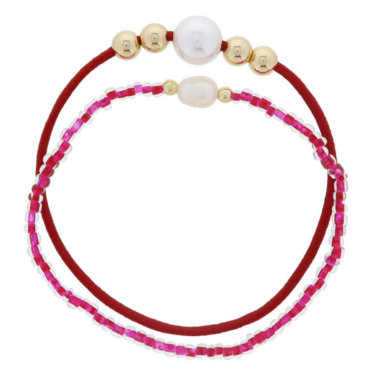 Set of 2, Red Elastic & Pearl & Gold Beads, Red Beaded & Pink & Gold Beads Bracelet, 7.5" Around