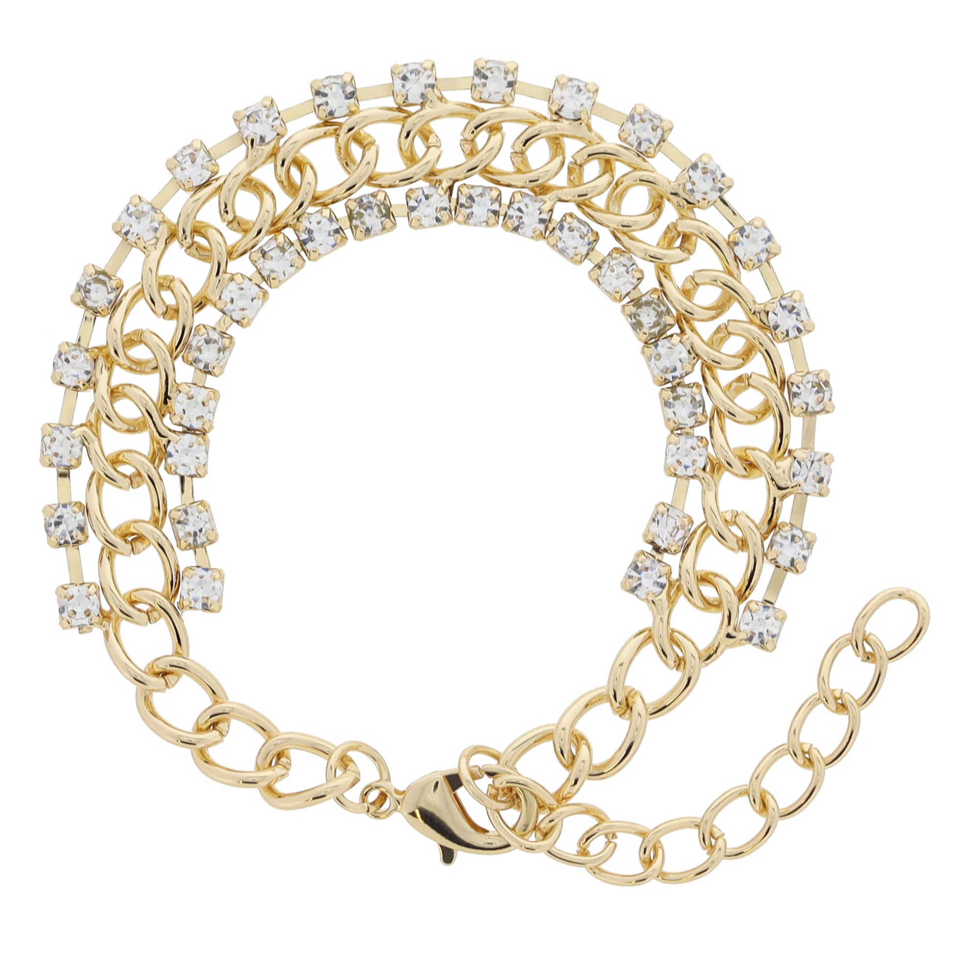 Gold Curb Chain with Crystal Border Bracelet, 7.5" Around