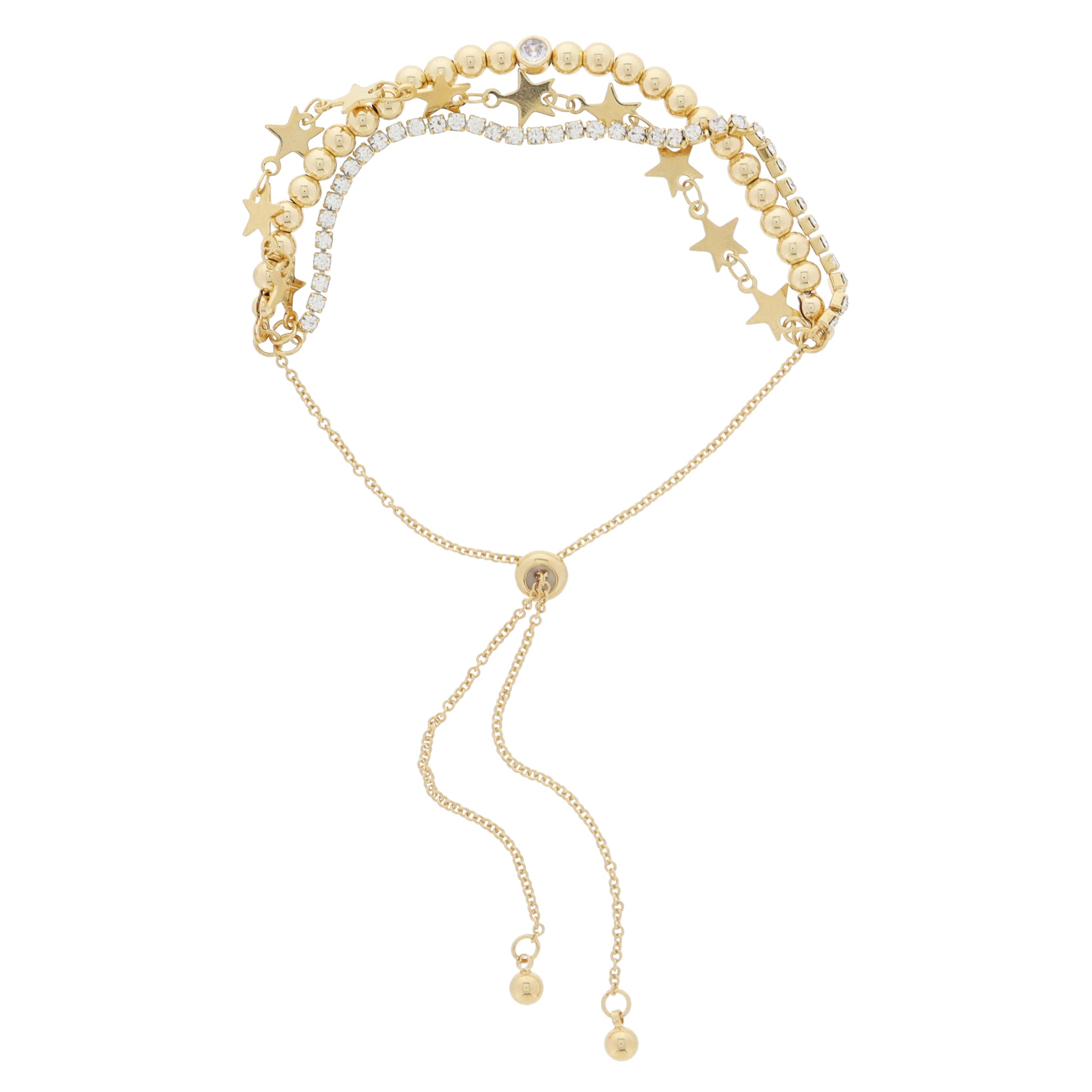 3 Strand, Mini Crystal Tennis, Gold Star Chain, Gold Ball Beaded with Crystal Adjustable Bracelet