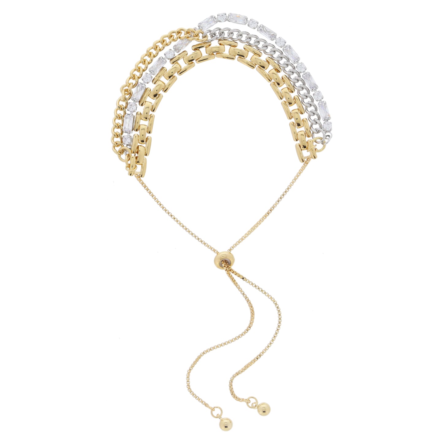 3 Strand, Smaller Watchband, 2-Tone Curb Chain, Silver Circle & Crystal Tennis Adjustable Bracelet