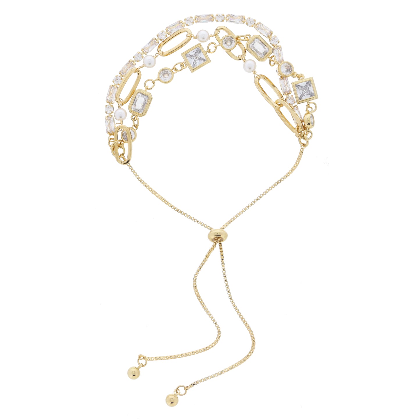 3 Strand, Multi Gold Bezel Crystals, Paperclip & Pearl Links, Circle & Crystal Tennis Adj Bracelet